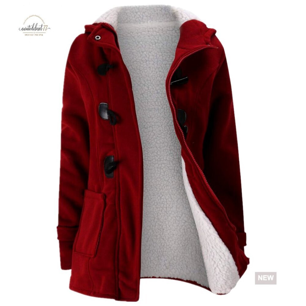 Women's Fleece Hooded Winter Coat with Horn Buttons, Relaxed Fit